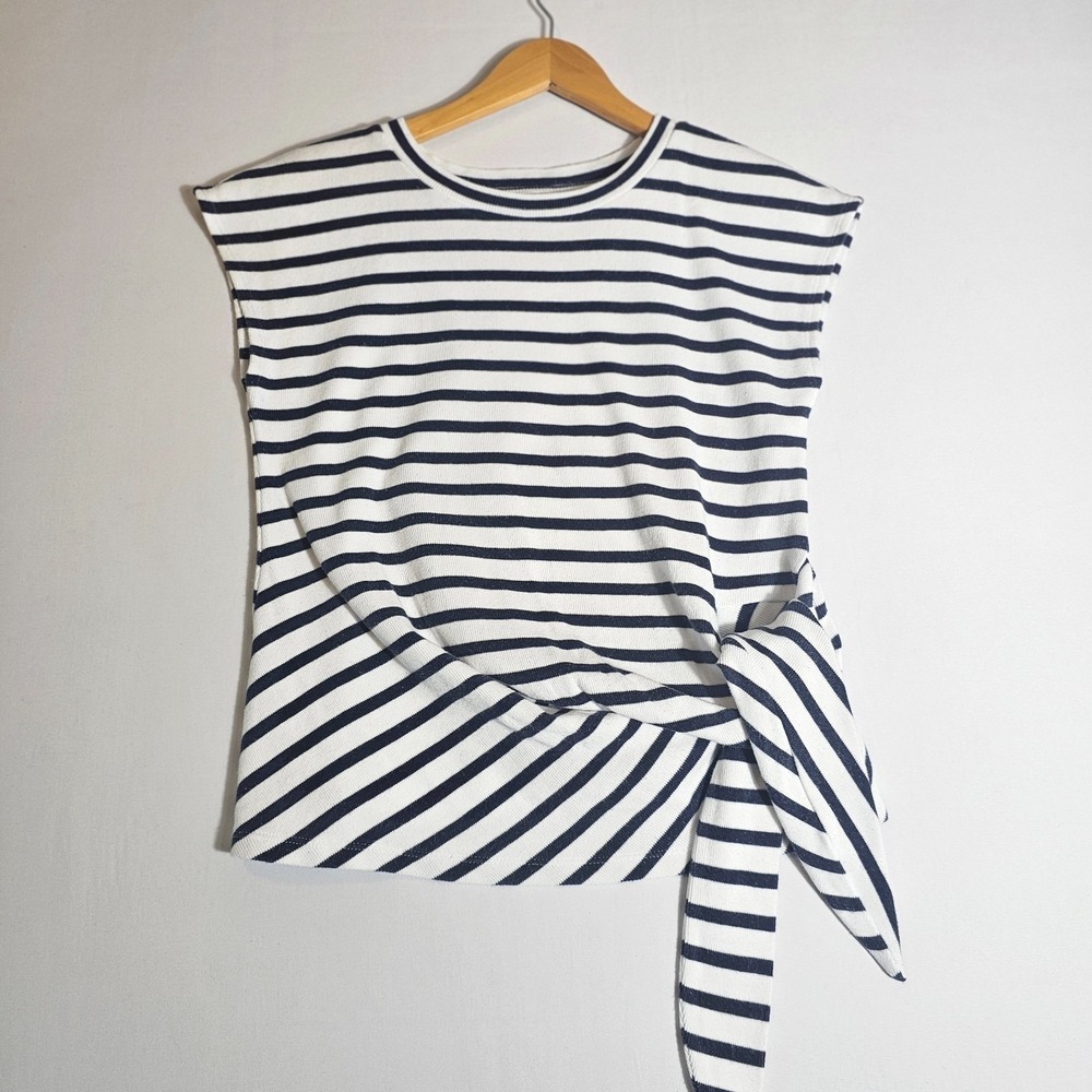 Ann Taylor Weekend Crop Top Womens XS Navy White Striped Knotted Side-Tie Detail